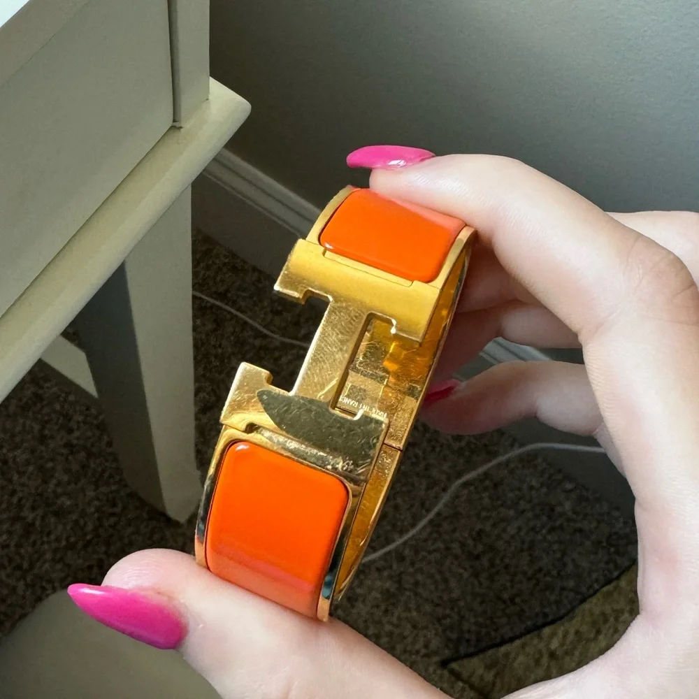 Hermes Orange Enamel Clic H Bracelet with Gold Hardware